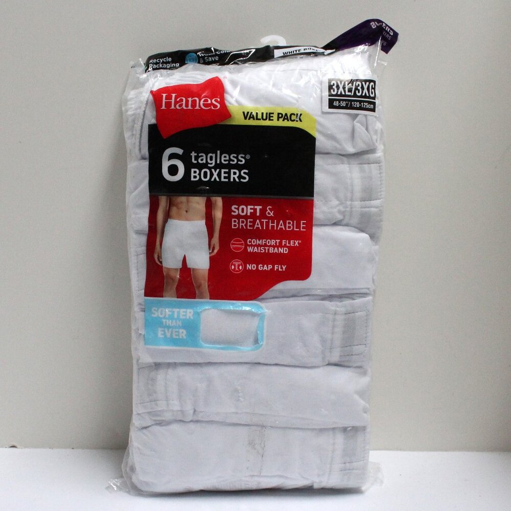 HANES NWT Men's 3XL 6 Pair Value Pack Tagless Woven White Boxers